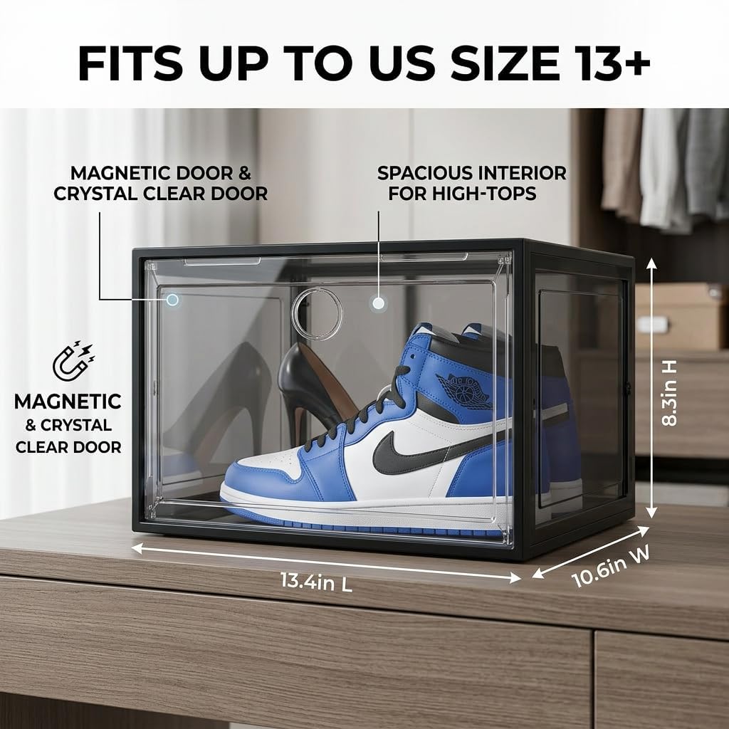 Large Shoe Boxes Clear Plastic Stackable, 8 Pack Drop Side Shoe Storage Organizer with Magnetic Door, Shoe Container Sneaker Storage Display Case Fit up to US Size 13 Black