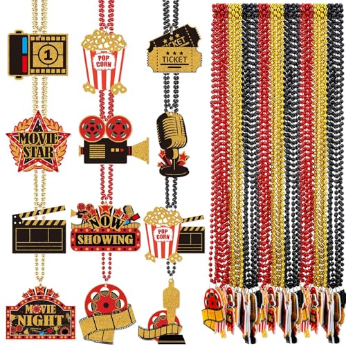 Ecally 36 Pcs Movie Night Beaded Necklaces Bulk Movie Night Theme Party Decorations Theater Party Sign Necklaces with Gold Red Black Color Now Showing Ticket Kit Decor for Birthday Supplies