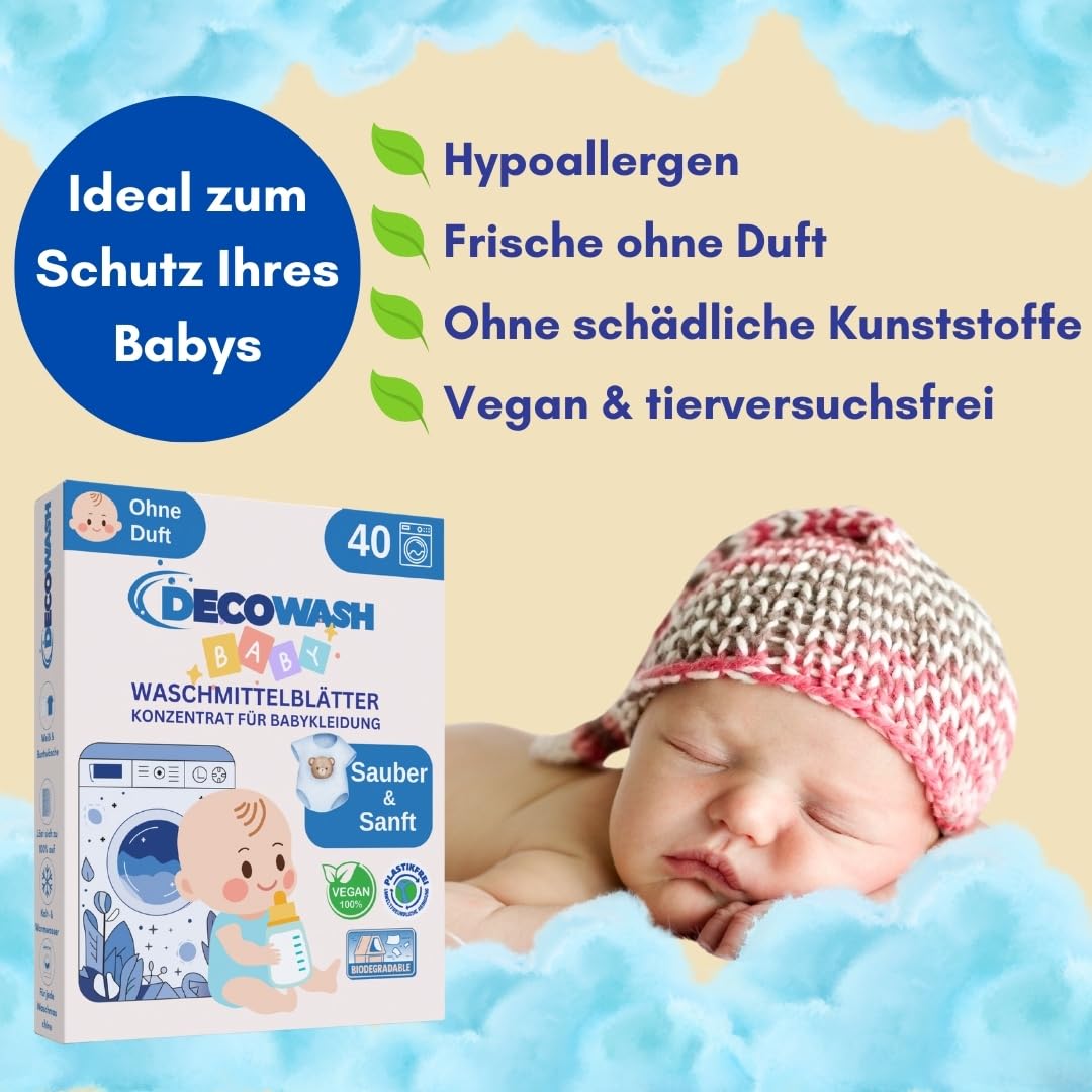 Waschmittelblätter für Babykleidung (bis zu 400 Wäschen) – Duftfrei, Hypoallergen & Ökologisch | Tiefenreinigung für empfindliche Haut | Biologisch abbaubar, vegan & plastikfrei – Babywaschmittel