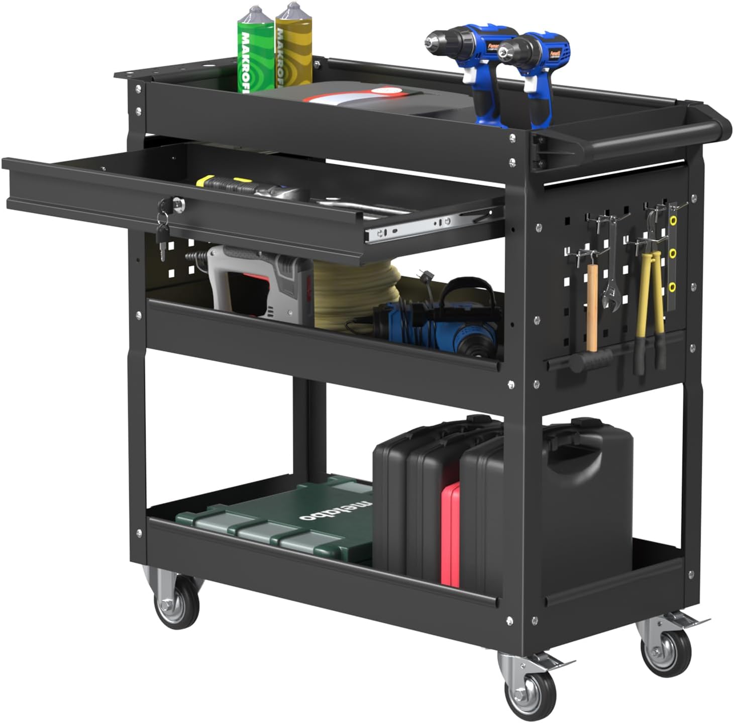 3 Tier Rolling Tool Cart, Heavy Duty Service Cart on Wheels for Mechanics,400 LBS Utility Cart with Drawers for Garage, Warehouse & Repair Shop (Black)