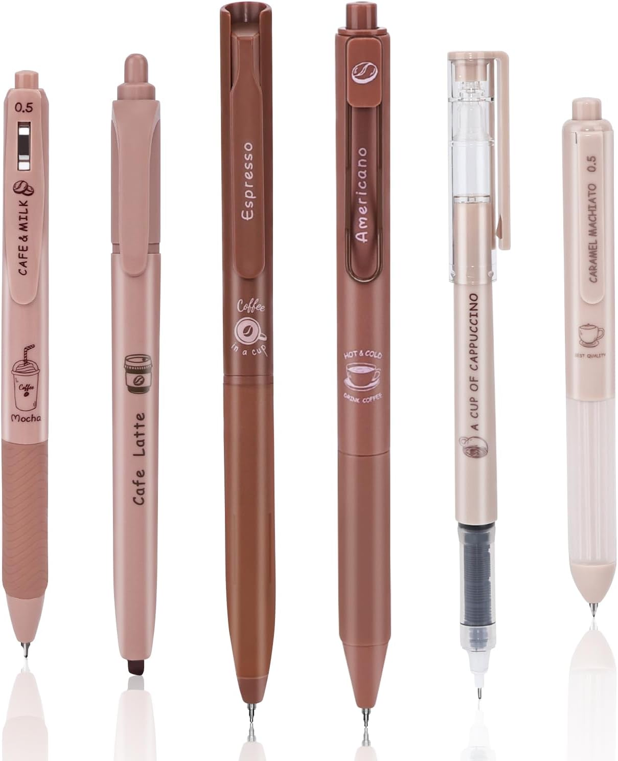 BAYTORY 5Pcs Gel Pens and 1Pc Highlighter, Quick Dry Ink Pen Fine Point Black 0.5mm, Aesthetic Stuff Retractable Rolling Ball Pen Smooth Writing for School Supplies Journaling (Coffee)