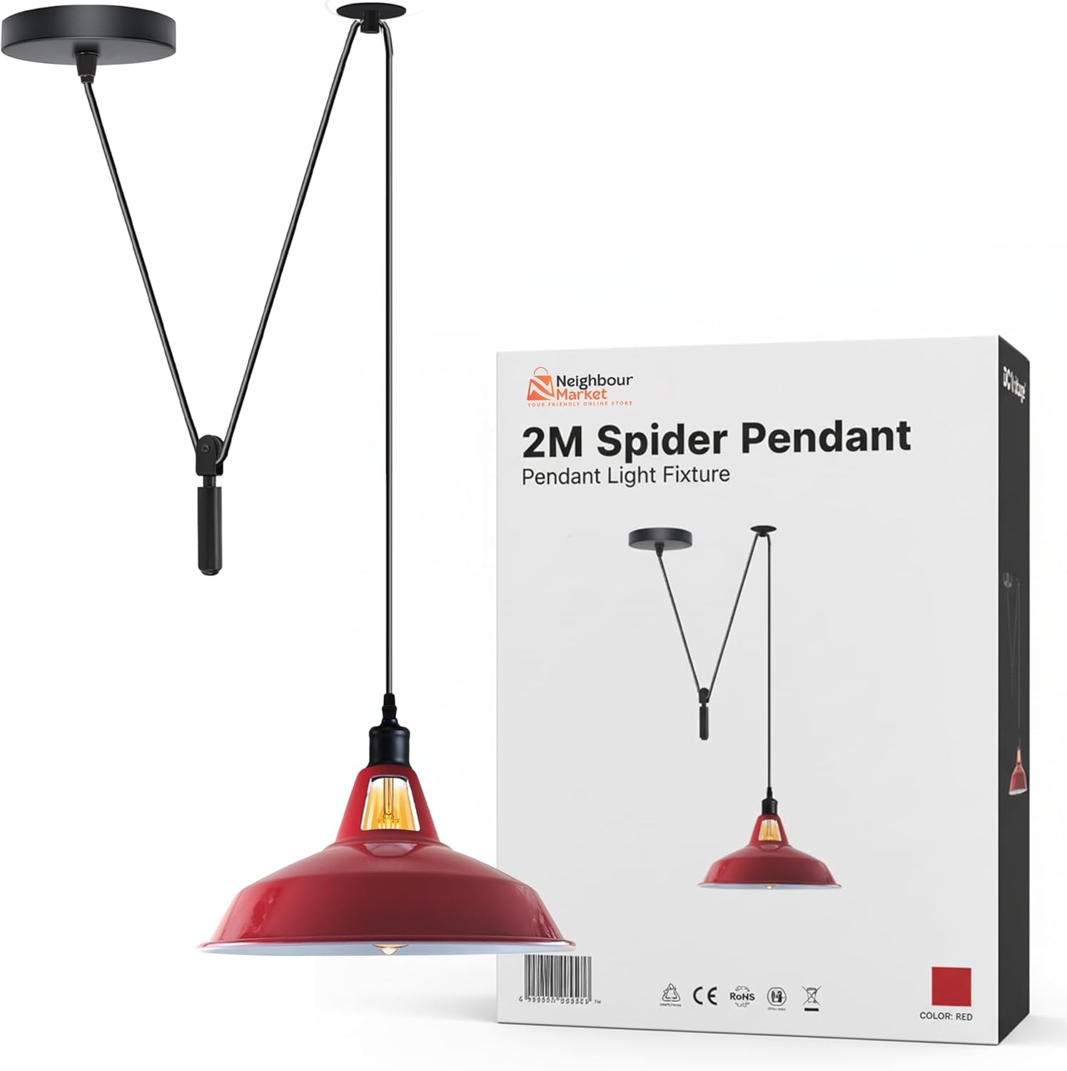 Industrial Pulley Red Pendant Light 2M Adjustable Vintage Ceiling Fixture with Barn Style Metal Shade, E26 Socket Hanging Lamp for Kitchen Island, Dining Room, Cafe, Bar