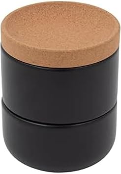 Ceramic and Cork 3 Piece Stackable Salt and Pepper Cellar For Countertop Space Saving, Easy Lift Lid to Retain Freshness, Natural Cork and Black Ceramic