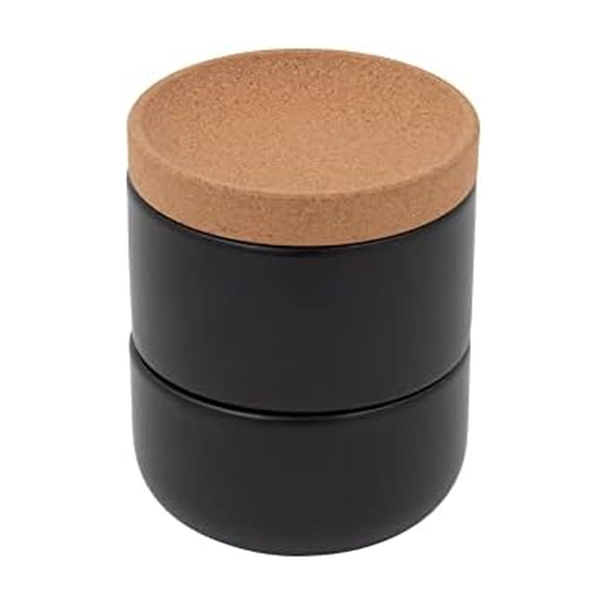 Ceramic and Cork 3 Piece Stackable Salt and Pepper Cellar For Countertop Space Saving, Easy Lift Lid to Retain Freshness, Natural Cork and Black Ceramic