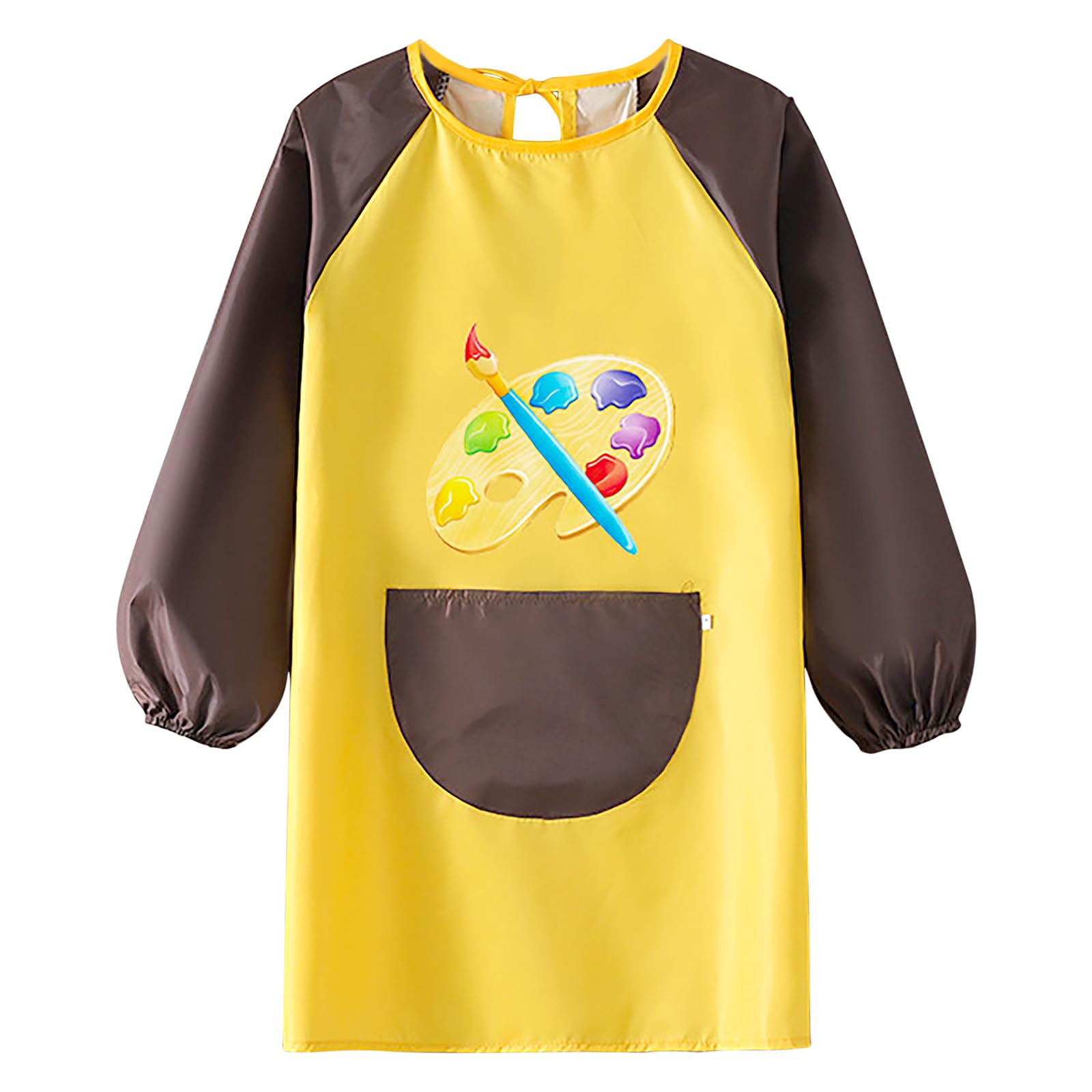 paitok Children's Art Apron Is a Waterproof Apron with Long Sleeves and Perfect for Painting, Cooking, and Messy Activities. Suitable 6-12 Years Girls/Boys Kids Apron(Yellow Body Coffee Sleeves)