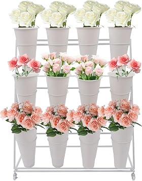 3 Layers Flower Bar Metal Flower Display Stand with 12 Flower Buckets White Flower Cart Flower Bouquet Holder, 39.37*19.69*43.31in