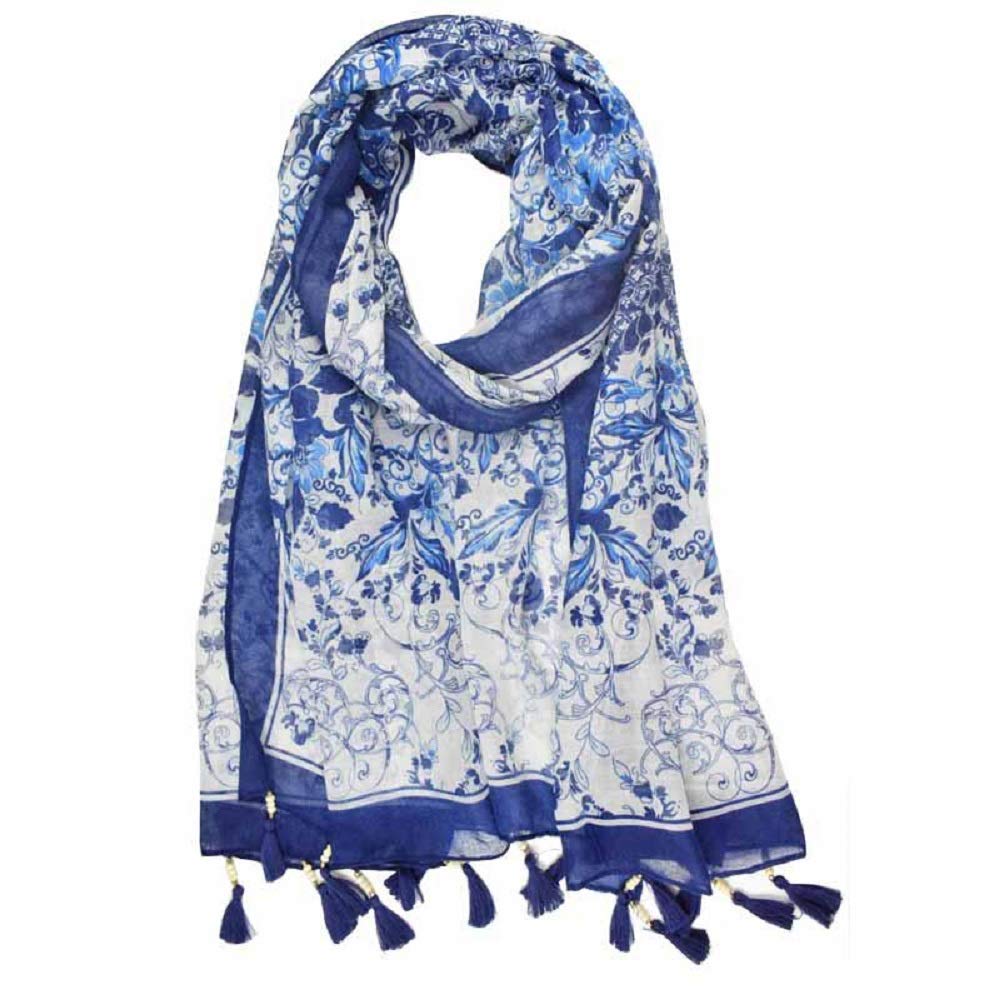 Shayan Women's Printed Viscose Comfortable Scarf Wrap Shawl Hijab Fashionable Lightweight With Tassels (NAVY BLUE)