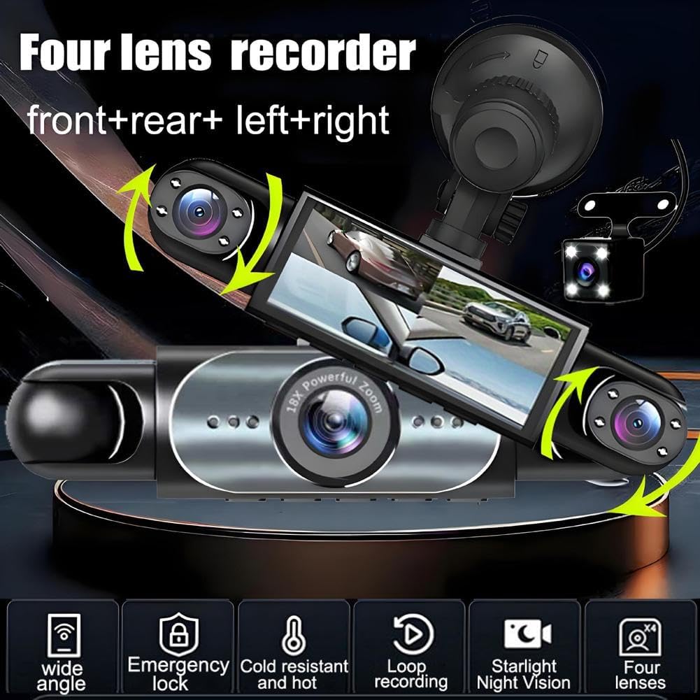 Wireless Dash Cam Front and Rear Camera System,360° 4 Channel Dash Cam 1080p Full View Car Dashcam System,Night Vision,Loop Recording,Parking Monitor,for Taxi,Fleet,Family Vehicles