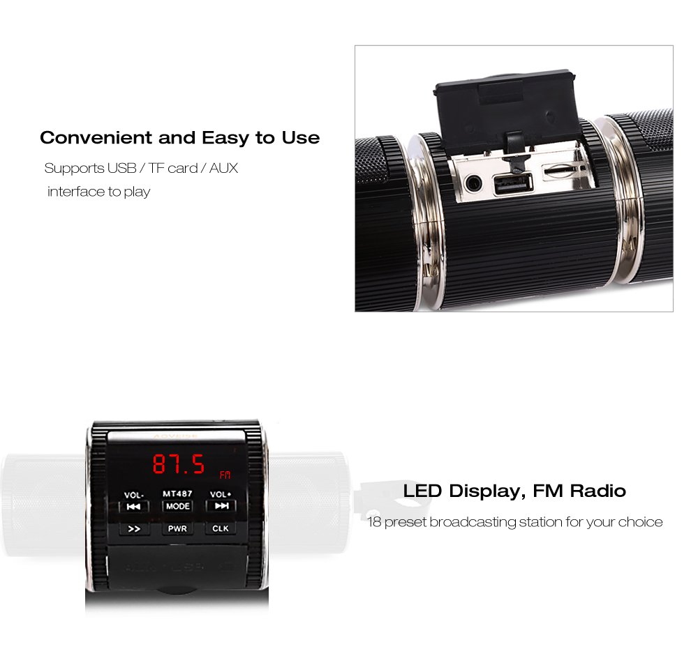 Baceyong Audio Bluetooth per moto, radio per bici FM Bluetooth impermeabile 12V con sistema audio stereo per mountain bike, moto d'acqua, radio telecomando, lettore MP3