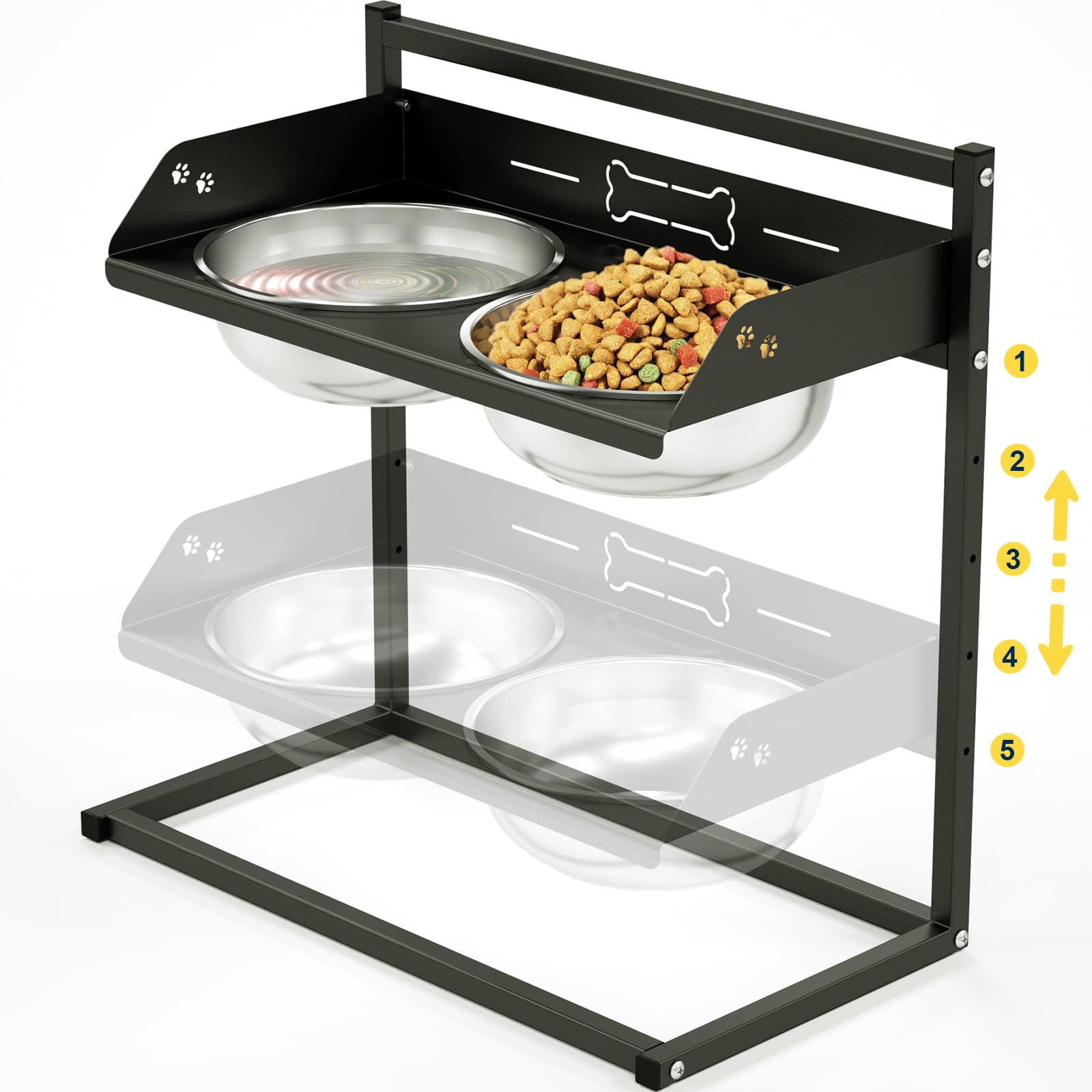 Elevated Dog Bowl with 7cm High Fence, 5-Level Adjustable Height, 2 Stainless Steel Bowls (3L x 2), Perfect Stable Stand for Dog Bowl, Suitable for Giant, Large and Medium Dogs