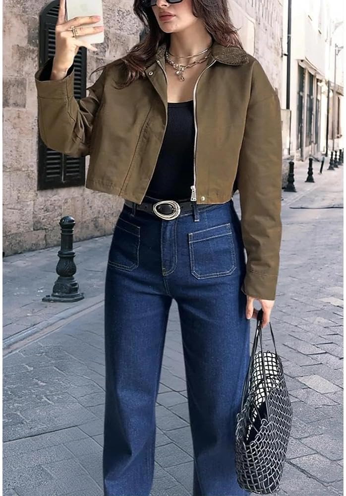 YouSexy Women's Cropped Bomber Jackets Long Sleeve Casual Zipper Up Coat Outerwear