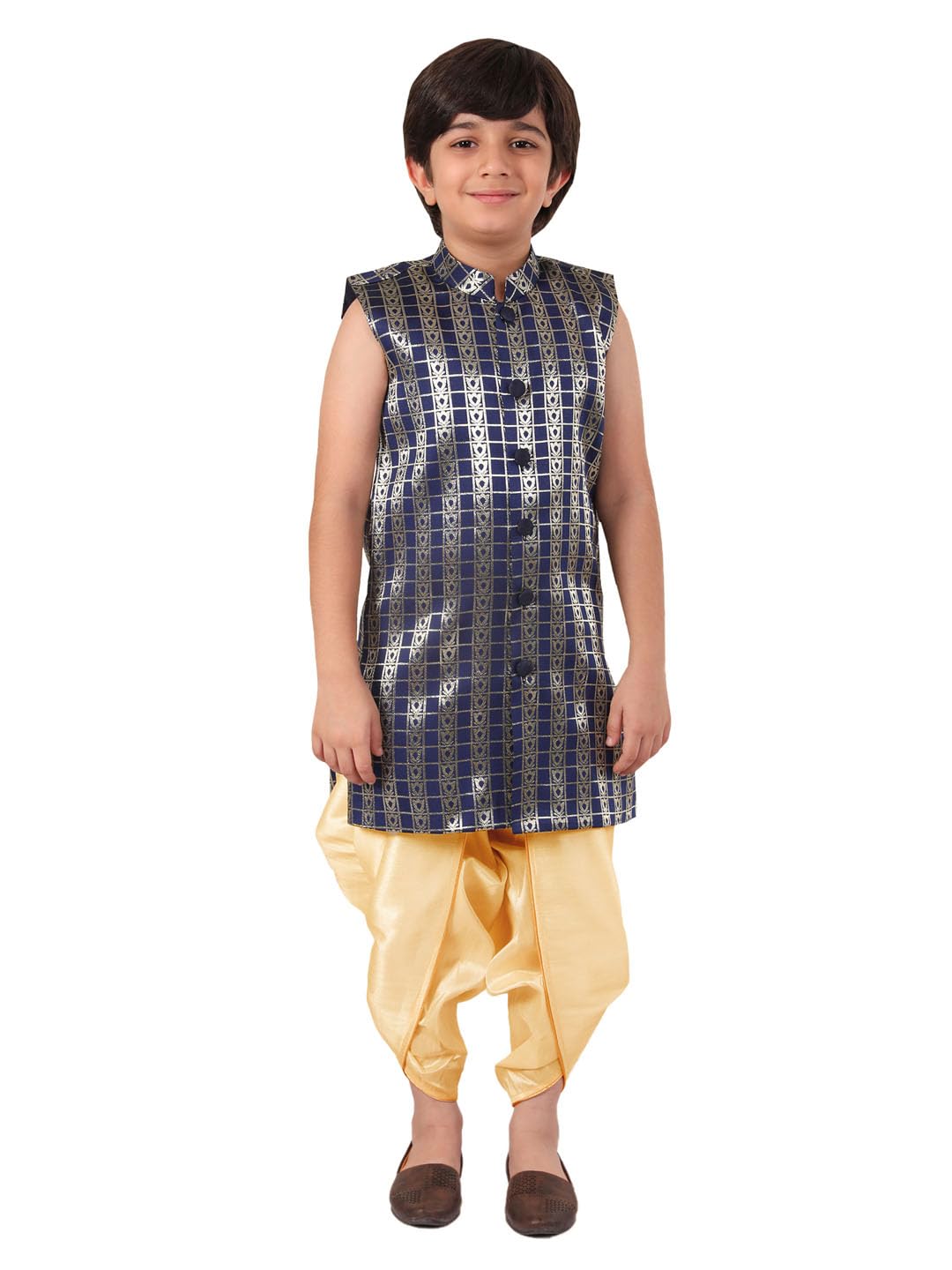 Jbn Creation Vastramay Infant Boys' Navy Blue Gold Silk Blend Kurta And Dhoti Set (Jbnbk217Nbnbrd001Go_22 3 4 Years)