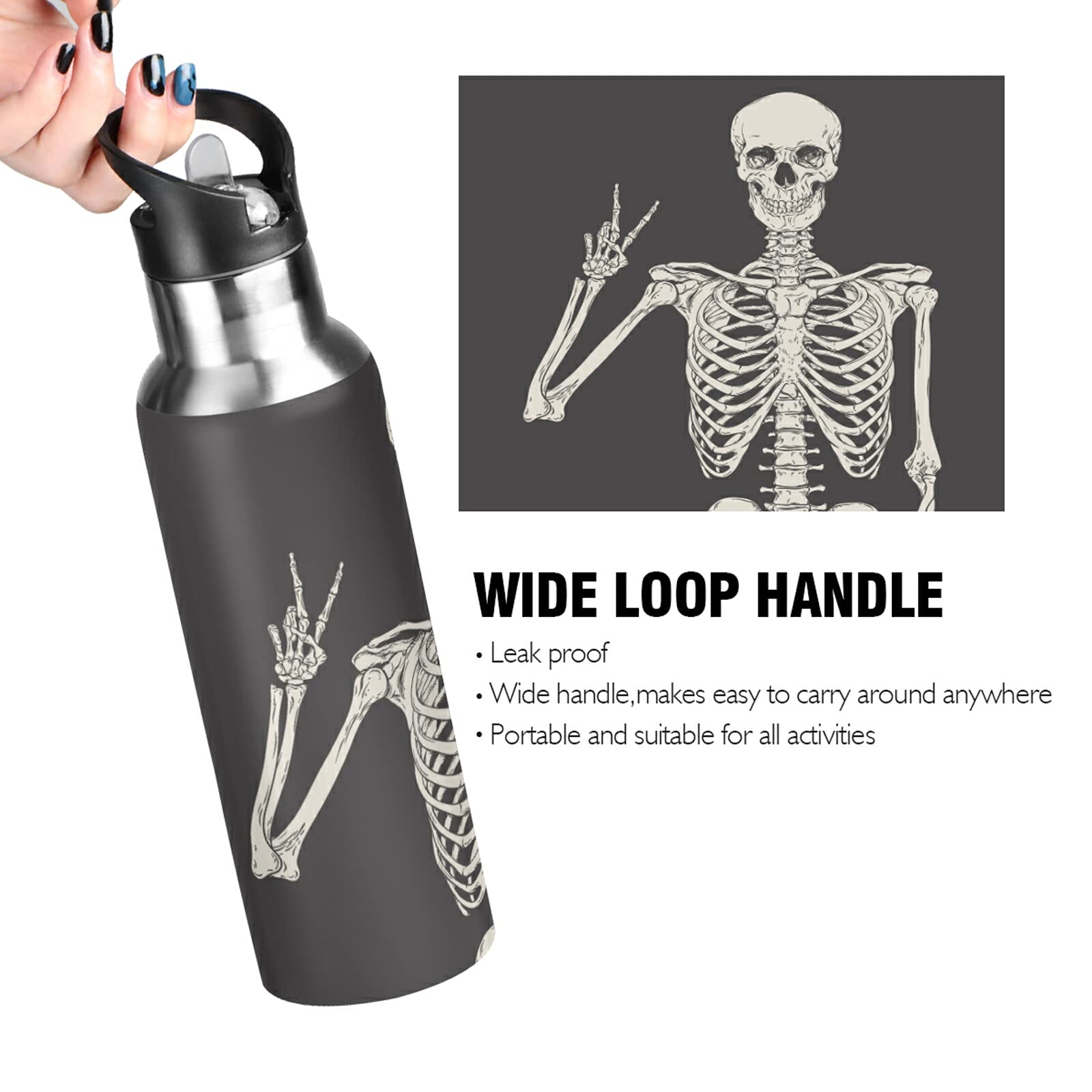 Edelstahl-Trinkflasche Mit Strohhalm – 900 Ml, Doppelwandig, Vakuumisoliert, Auslaufsicher, Graues Totenkopf-Motiv