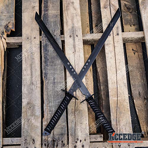 Kccedge Best Cutlery Source K1020-14P-SET 2Pc Combo Full Tang 28In Tanto Ninja Katana Twin Sword Machete W/Nylon Sheath + Black Chinese Engraved thumb #1