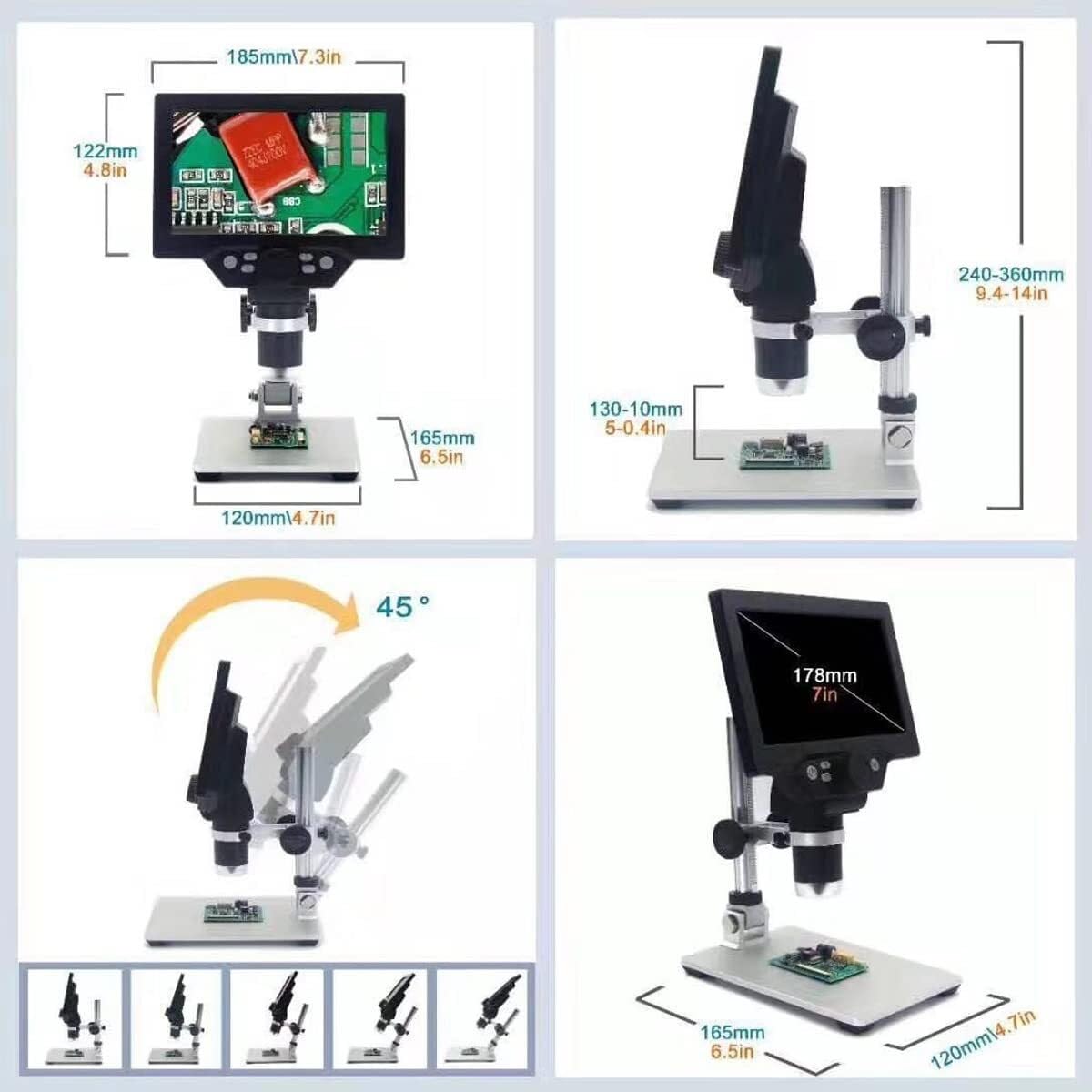 7-calowy mikroskop cyfrowy LCD z powiększeniem 1X-1200X, 8 świateł LED, kamera HD do monety, lutowania PCB i używania dzieci