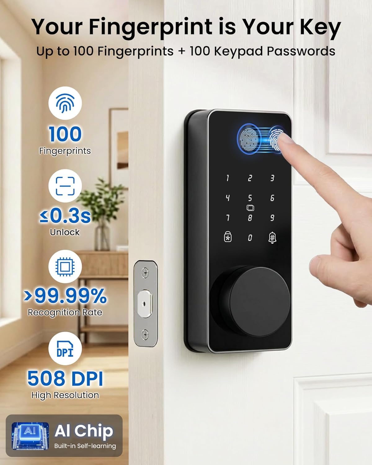 Fingerabdruck-Türschloss, schlüssellos, intelligente Riegelverriegelung, App-Steuerung | Automatische Verriegelung, Einmalpasswort, elektronische Touchscreen-Tastatur, IP54 wasserdicht, einfache Installation