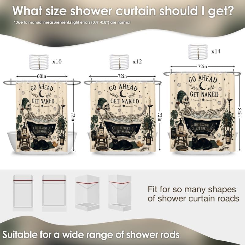 Halloween Gothic Funny Skull Shower Curtain, Retro Goth Skeleton Unique Cool Bone in Bathtub Bathroom Curtains Set, 72x72 inch, Holiday Bath Decor Waterproof Fabric with 12 Hooks image 2