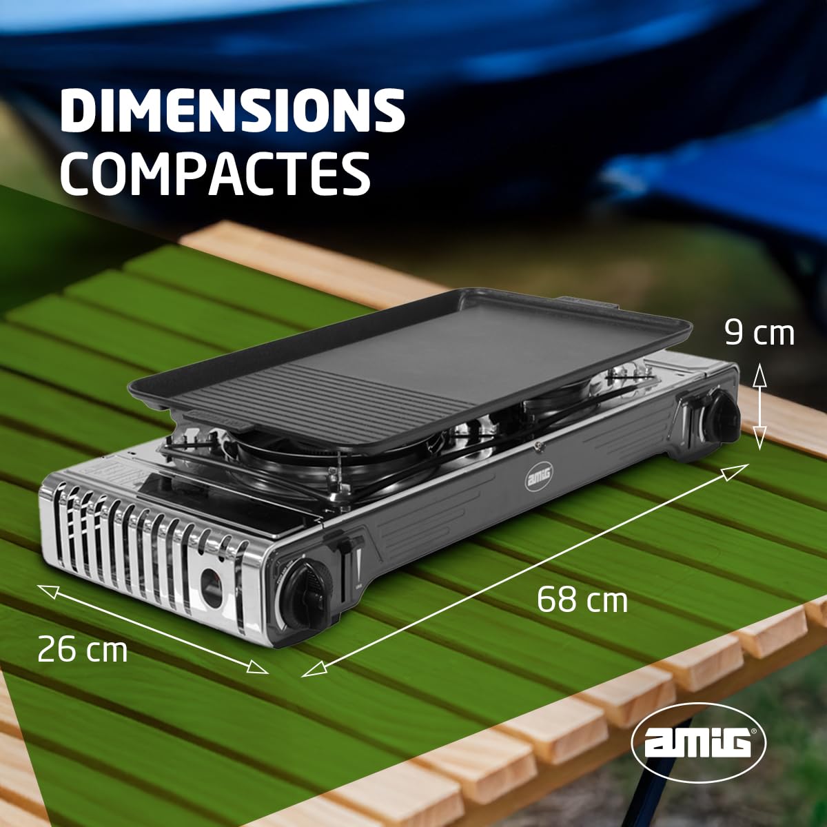 Amig - Réchaud de Camping CAMP02 - Cuisine Portable - 2X Brûleurs - Inclut Plancha - Grille en Fonte - Acier Inoxydable - Puissance 2,2 kW x 2 - Compatible avec Cartouches B-250