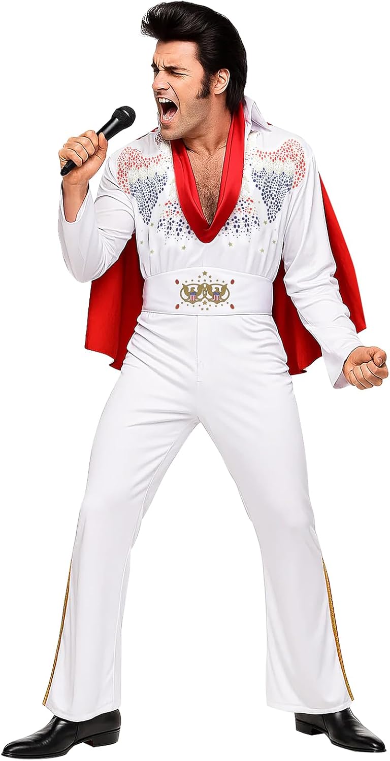 HLENOK Adult Men Rock Star Costume Jumpsuit 60s 70s 80s White Rock And Roll Halloween Cosplay Jumpsuit Outfit Suit