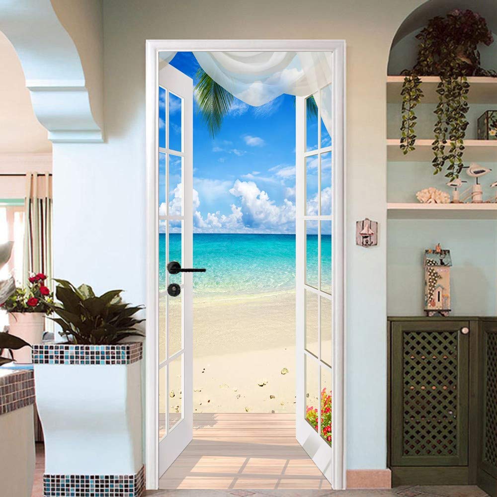 Sticker de porte paysage marin 3D trompe l'œil en PVC autocollant 77x200 cm