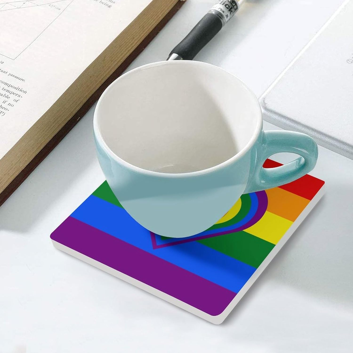 Rainbow Flag with Hearts Funny Ceramic Coasters for Drink Absorbent Cup Holders Tabletop Protection