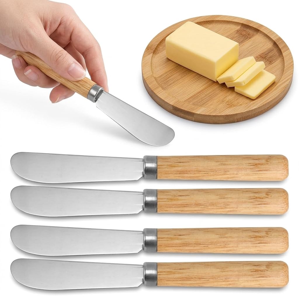 Butter Knives Set of 4, Stainless Steel Butter Knife with Wooden Handles, 5.8" Small Cheese Knives Spreader, Condiment Spreader Dishwasher Safe, Versatile Tool for Butter Jam Honey & Pastry Fillings