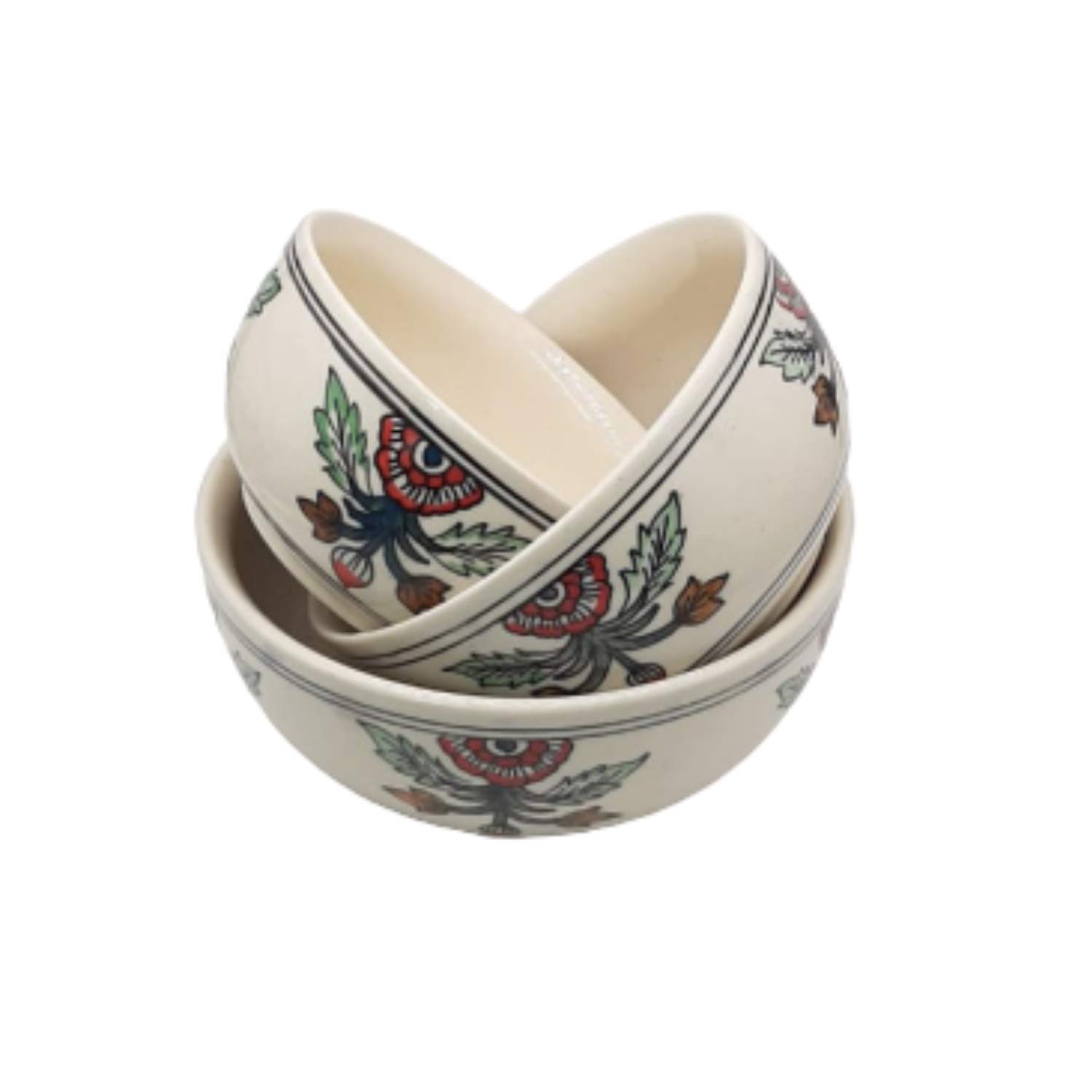 India Meets India Ceramic Serving Bowl Mixing Bowls Dinner Bowls Snack Bowls by awarded artisans (Set of 3, 1000 ML, 800 ML & 600 ML, Cream)