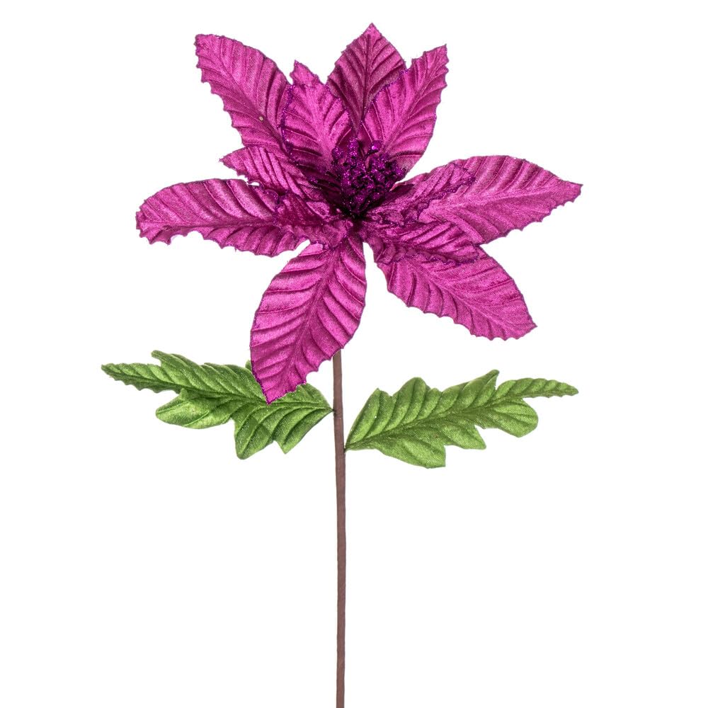 22 in. Velvet Glitter Poinsettia Spray Fuchsia - 6 per Bag