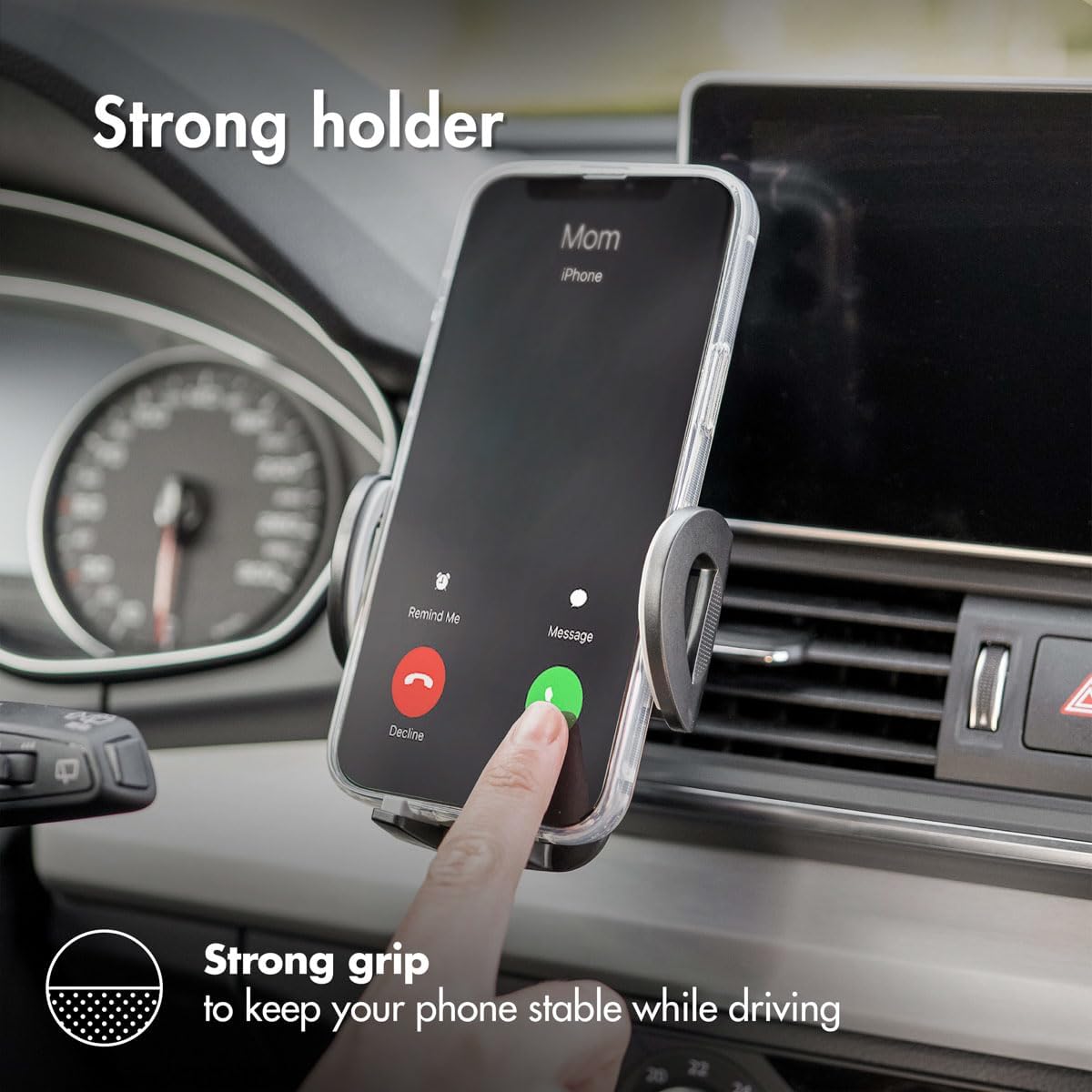 Image showing a smartphone securely held in the iMoshion car phone holder, displaying an incoming call.