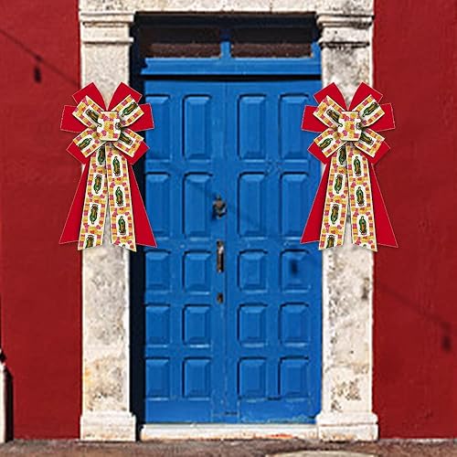 Miniatura 3 de Arcos mexicanos grandes para corona, lazos de Cinco de Mayo rojos y amarillos, lazos de dama de Guadalupe para puerta delantera, lazos de árbol de