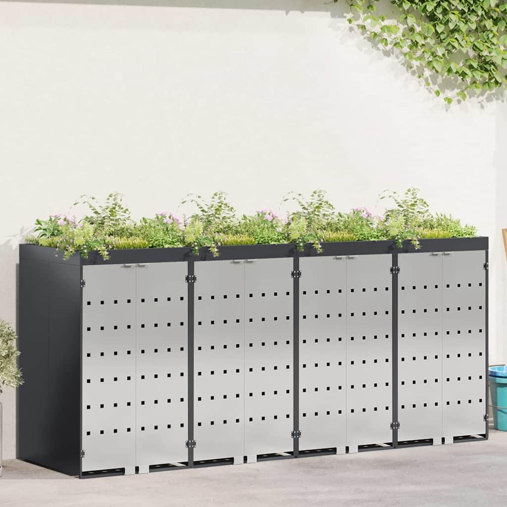 Copribidoni per 4 Bidoni di Spazzatura con Fioriera Contenitori Pattumiera Cassonetti Rifiuti 240 L Box in Acciaio Argento/Antracite Coperchio Bidone Resistente 4 Porte