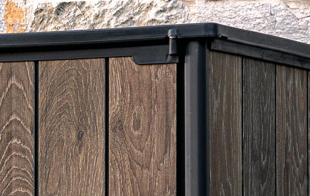 Keter Porte-Outils d'extérieur Vertical Walnut, idéal pour Le Jardin, Finition Effet Bois Noyer, 140 x 73,6 x 170,4 cm, 1400 L