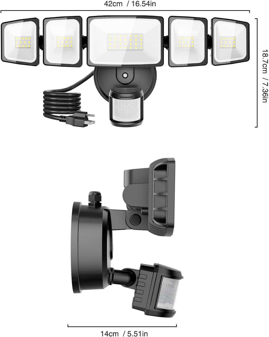 Onforu 5000LM Motion Sensor Outdoor Lights Plug in, 5 Head Motion Sensor Flood Light Outdoor with Remote, Dusk to Dawn Outdoor Lighting, IP65 Waterproof Motion Detector Lights for Outside, Black