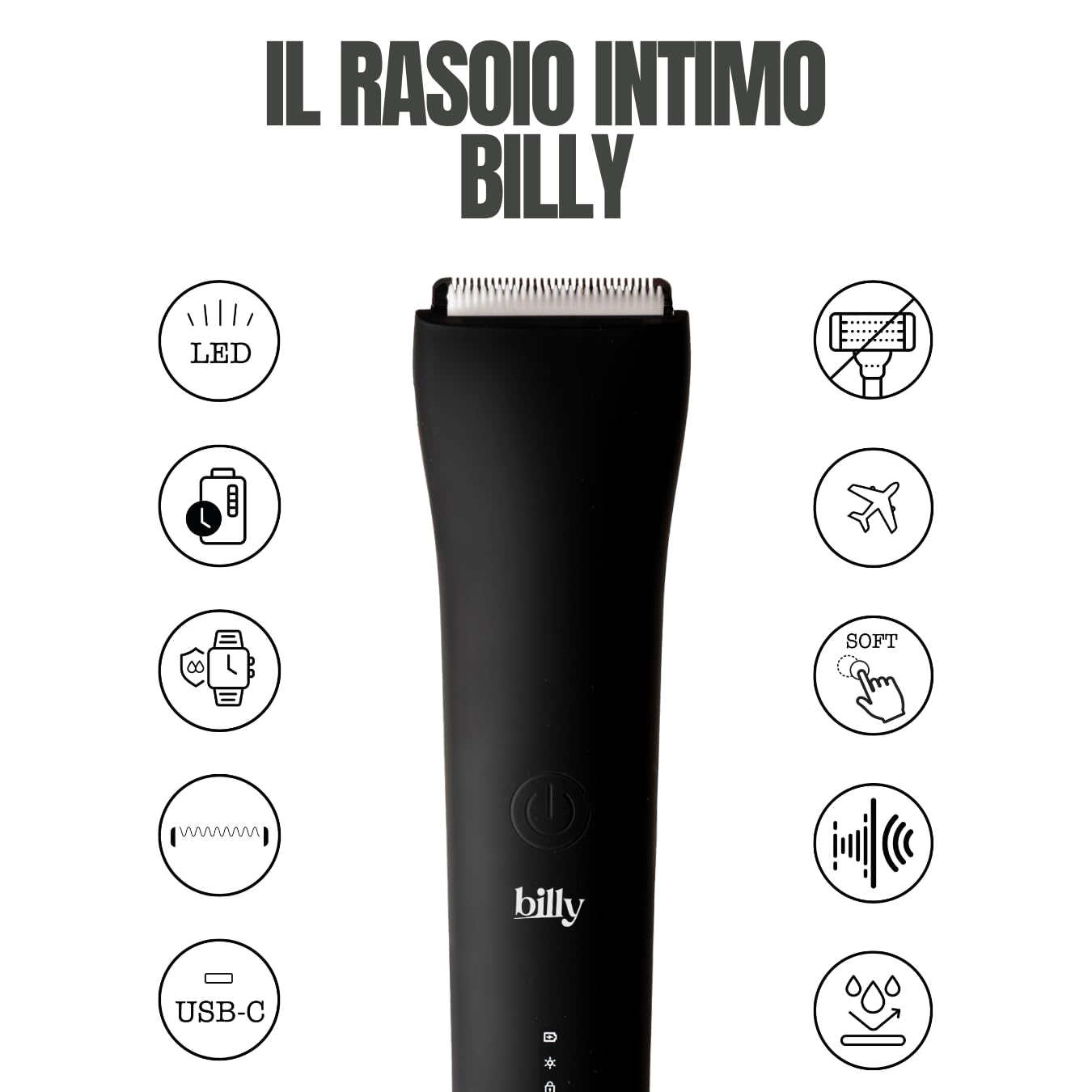 billy Rifinitore Intimo Anti-Taglio Uomo Donna Zone Sensibili - Lama Ceramica Anti-Taglio Anti-Peli Incarniti - Impermeabile - 5 Altezze (0-12mm) LED - USB-C - Peli Pubici