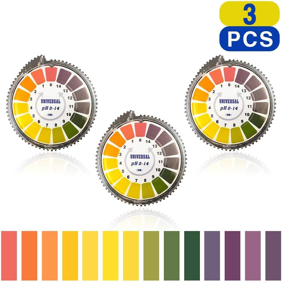 pH Test Strips 3 Rolls Test Paper Roll with Dispenser and Color Chart Full Range 0-14 Universal Litmus Test Paper Strips for Water Saliva Urine Food Soil Pool Aquarium Cosmetics 16.4 ft Per Roll