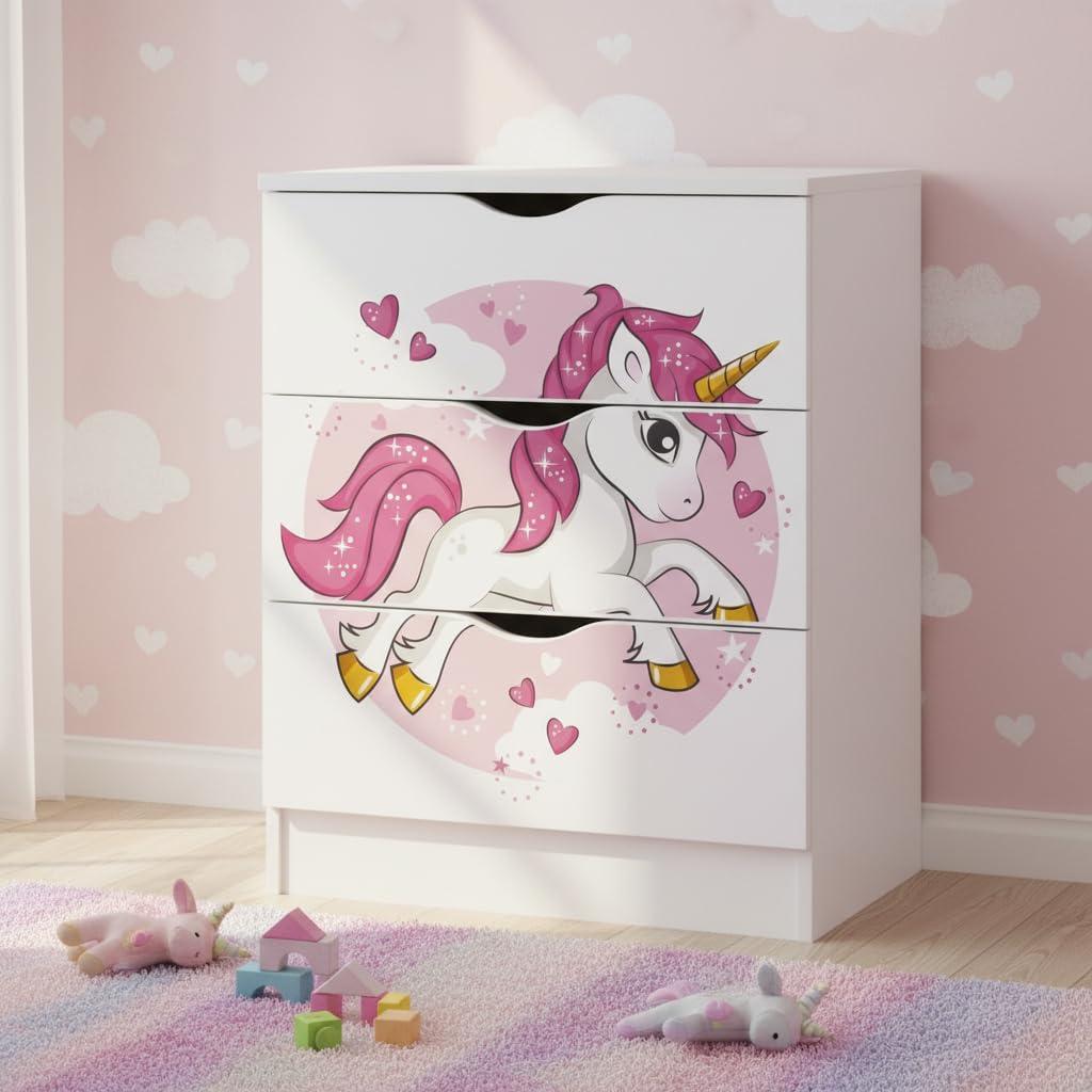 Leomark Weiß Kommode mit 3 Schubladen - Roma - Möbel für Kinderzimmer aus Holz, Schlafzimmer-Möbel (Pink Unicorn)