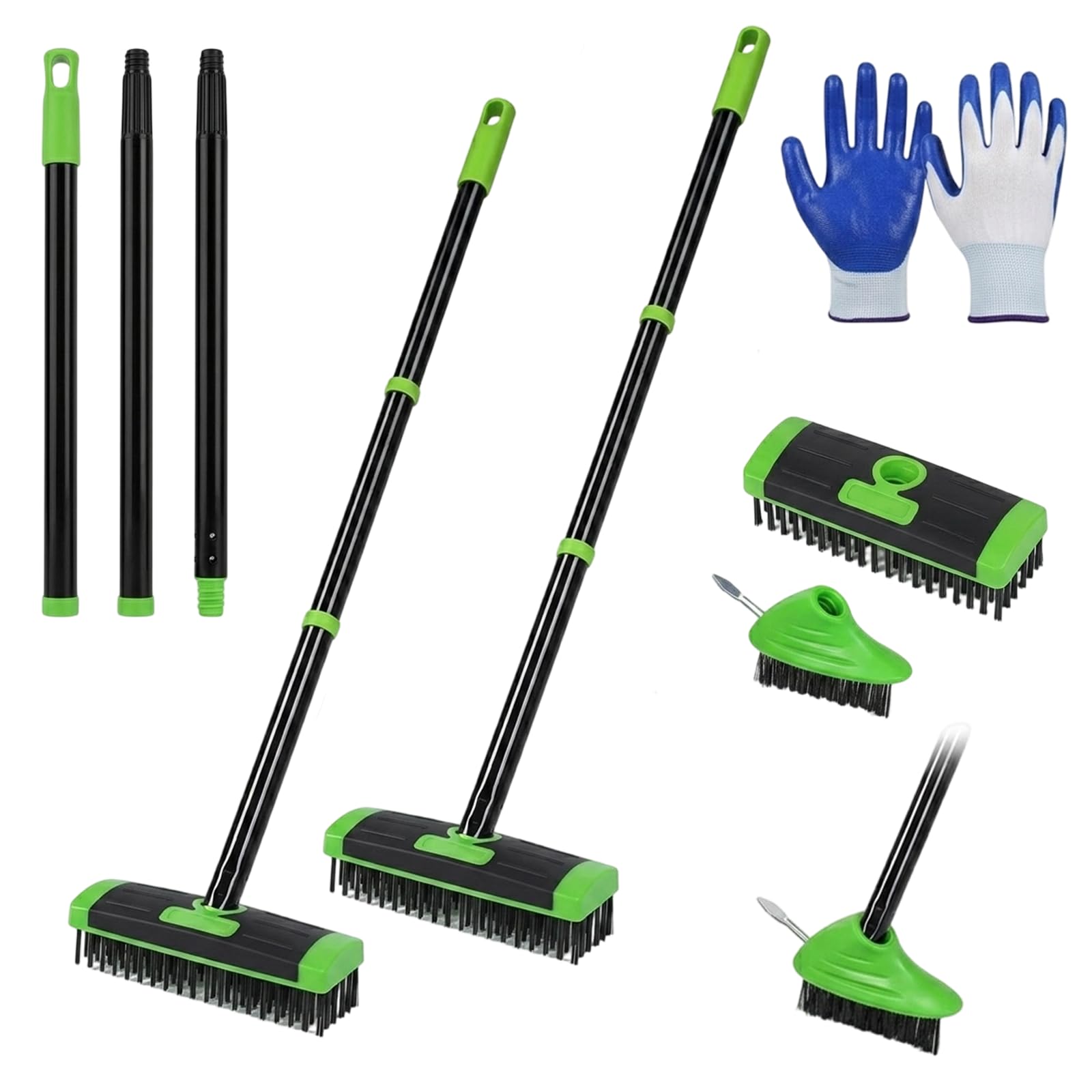 3-in-1 Versatile Weed Brush Combo Set, Detachable Long Handle Floor Scrub Brush with Wire Weeder and Metal Scraper for Patio, Paving, Driveway, Walkway and Garden Cleaning (2 Pcs - A)