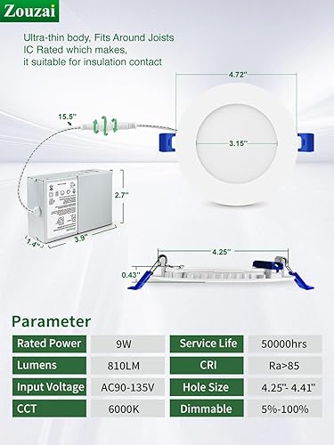 Miniatura 6 de zouzai Paquete de 12 luces LED empotrables ultrafinas de 4 pulgadas de 6000 K con caja de conexiones, 9 W 810 lm regulables, Ra85 de alto brillo,
