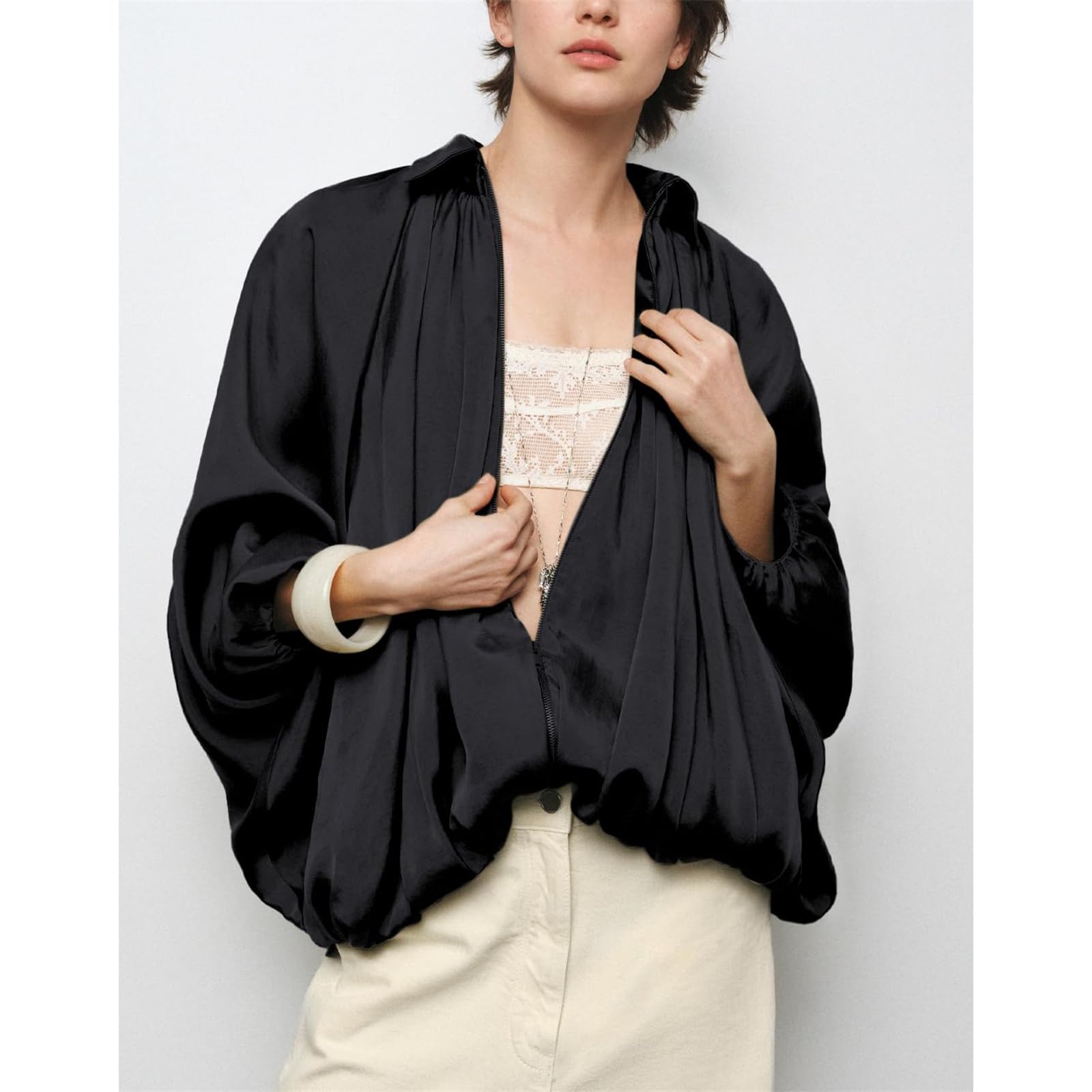 Chaquetas bomber abullonadas sedosas para mujer, manga murciélago, cuello de solapa, cremallera, ropa exterior, camisas plisadas de gran tamaño