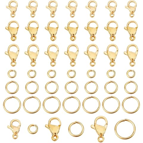 PH PandaHall 45pcs 3 Sizes 24K Gold Plated Lobster Claw Clasps with 150pcs 4/6/8mm Open Jump Rings - Jewelry Findings for Earring Bracelet Necklace Pendants DIY Craft Making