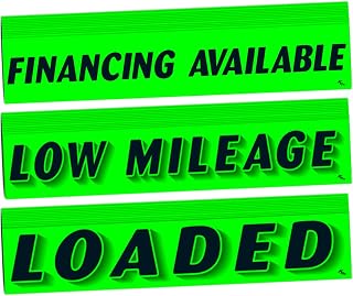 Versa Tags Windshield Slogan Stickers 12 Pack of FINANCING Available Stickers 12 Pack of Low Mileage Slogans 12 Pack of Loaded Window Stickers (36) Dealership Stickers Black On Green