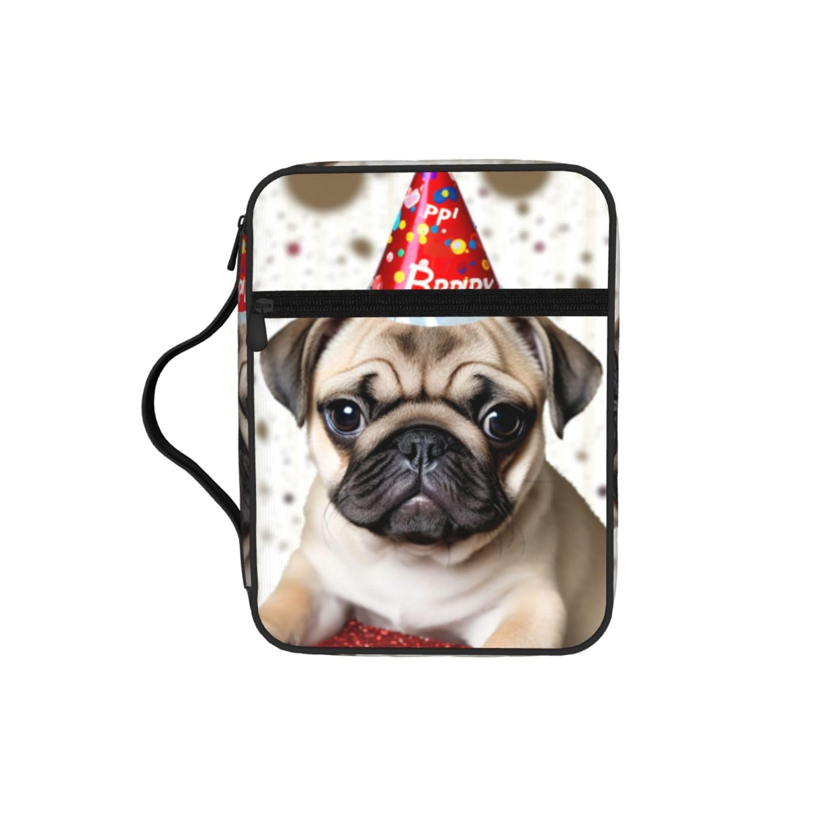 Cute Happy Birthday Pug Puppy Bible Cover Case Waterproof Bible Bag With Handle Organizer Storage Book Cover For Bible Study