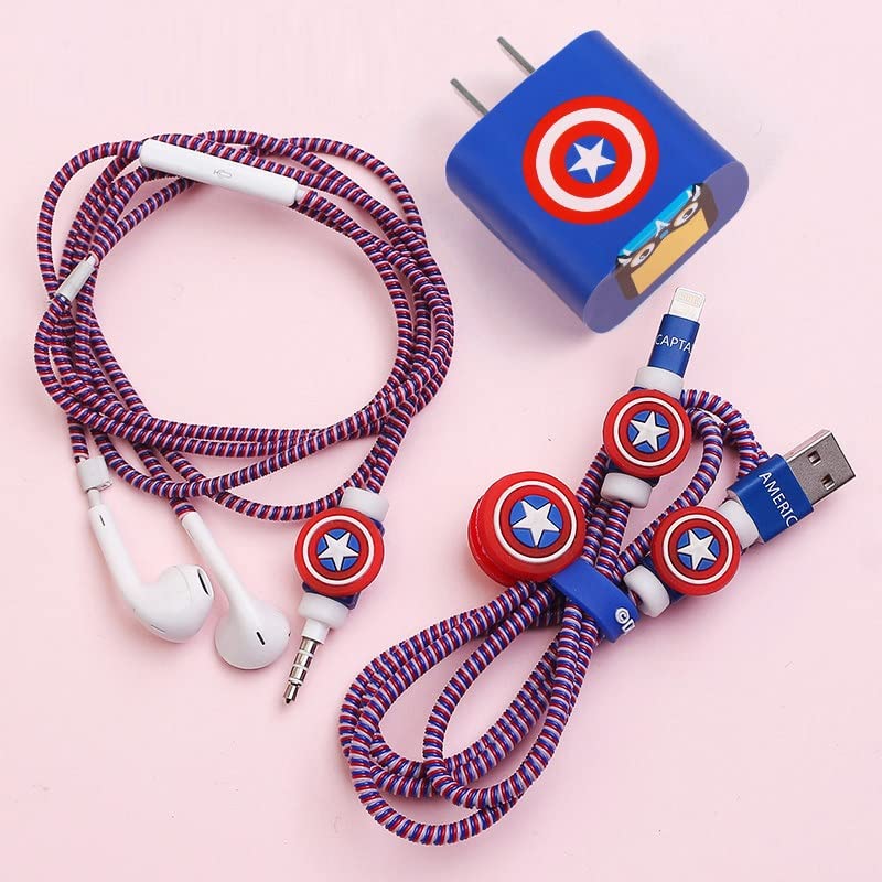 Image of Careflection 6-in-1 Multi Combo Spiral USB Cable Protectors + Earphones Winder + Sticker + Cable Clips + Earphone Jack Clip for New 20W Apple iPhone iPad Charger (Captain America)