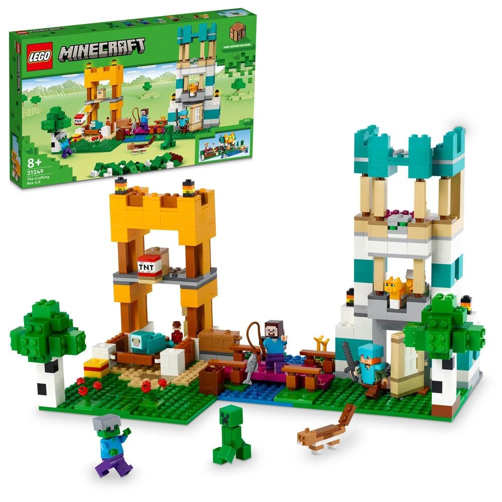 21249 Minecraft The Crafting Box 4.0, 2in1 Playset; Build River Towers or Cat Cottage, with Alex, Steve, Creeper and Zombie Mobs Figures, Action Toys for Kids, Boys, Girls