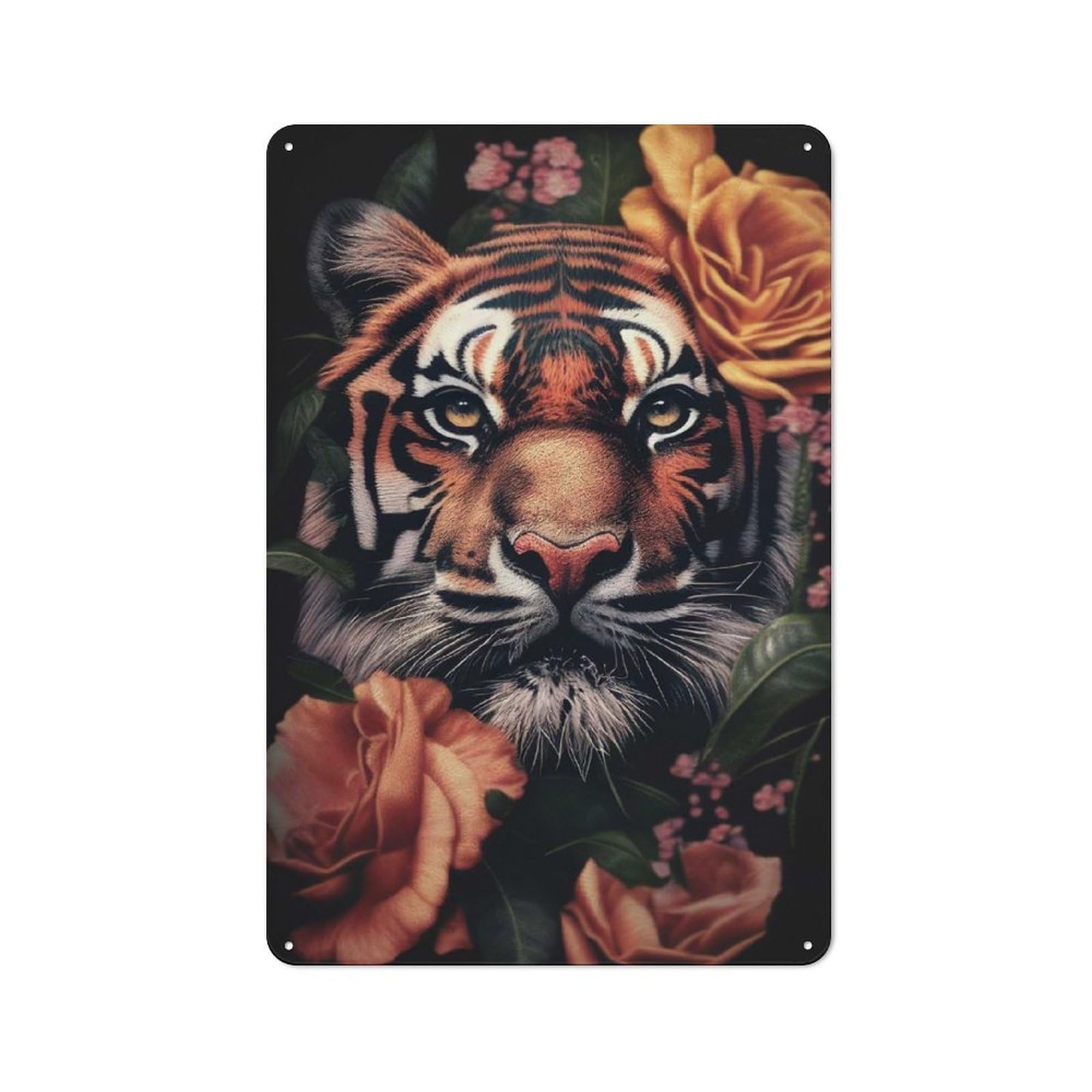 Junmoney Tiger Floral Animal Face Retro Tin Sign 30X20cm For Hallway Wall, For Home Decor Fans Who Collect Metal Signs
