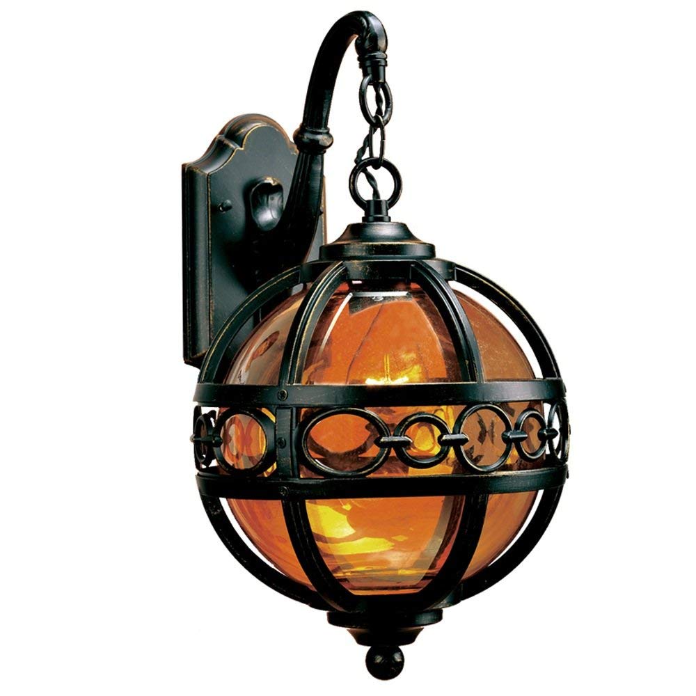 VDOQTLJT European Traditional Spherical Cover Yellow Glass Wall Sconce E27 Aluminum Waterproof Outdoor Light Lantern for Patio Garden Villa Balcony Barn