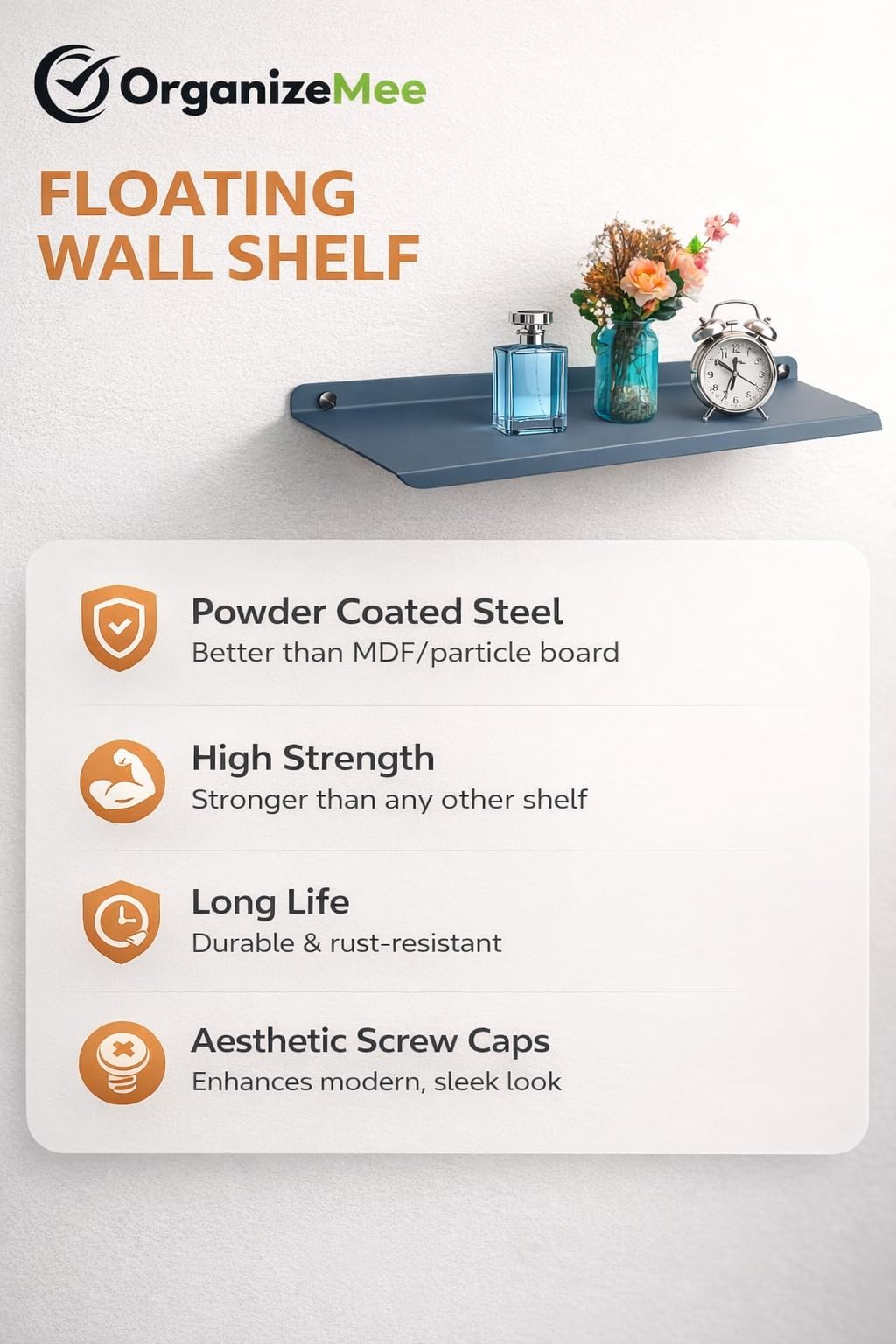 OrganizeMee Floating Wall Shelves for Home –Small Wall Mounted Shelf for Living Room Decor, Bedroom, Kitchen & Puja | Display Rack,Bluetooth Speaker,Plants, Photo Frames & Showpieces | White| 12" long 4