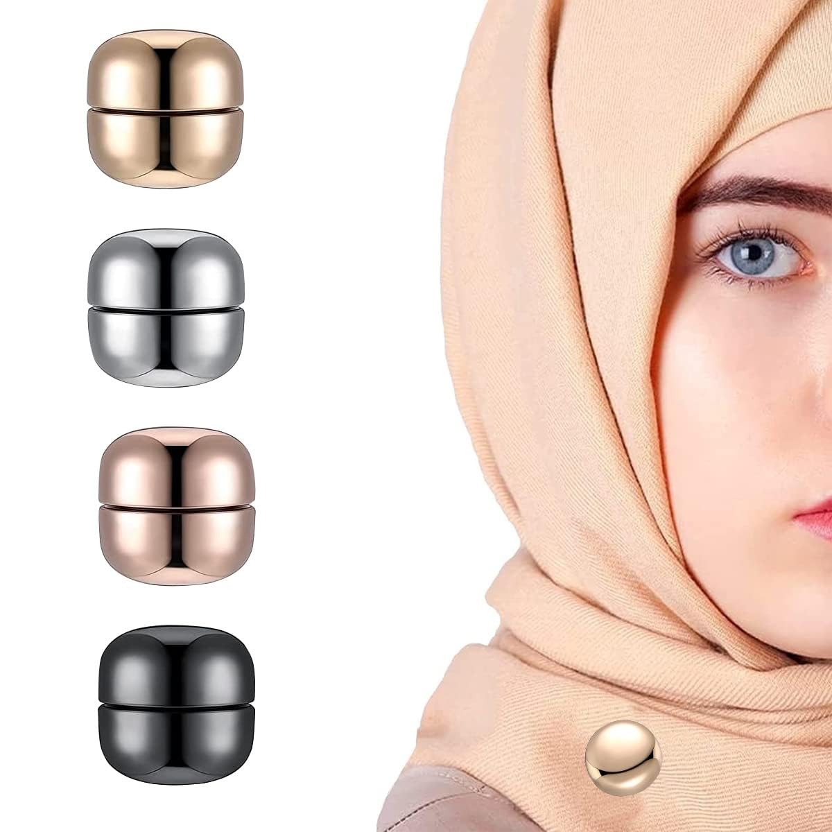 4 Pairs Hijab Pins Round Hijab Magnetic Pins for Women Girls Multi-Use Pinless Magnet Pins for Hijab Muslim Scarf Saree Pins Clothing Button Clip