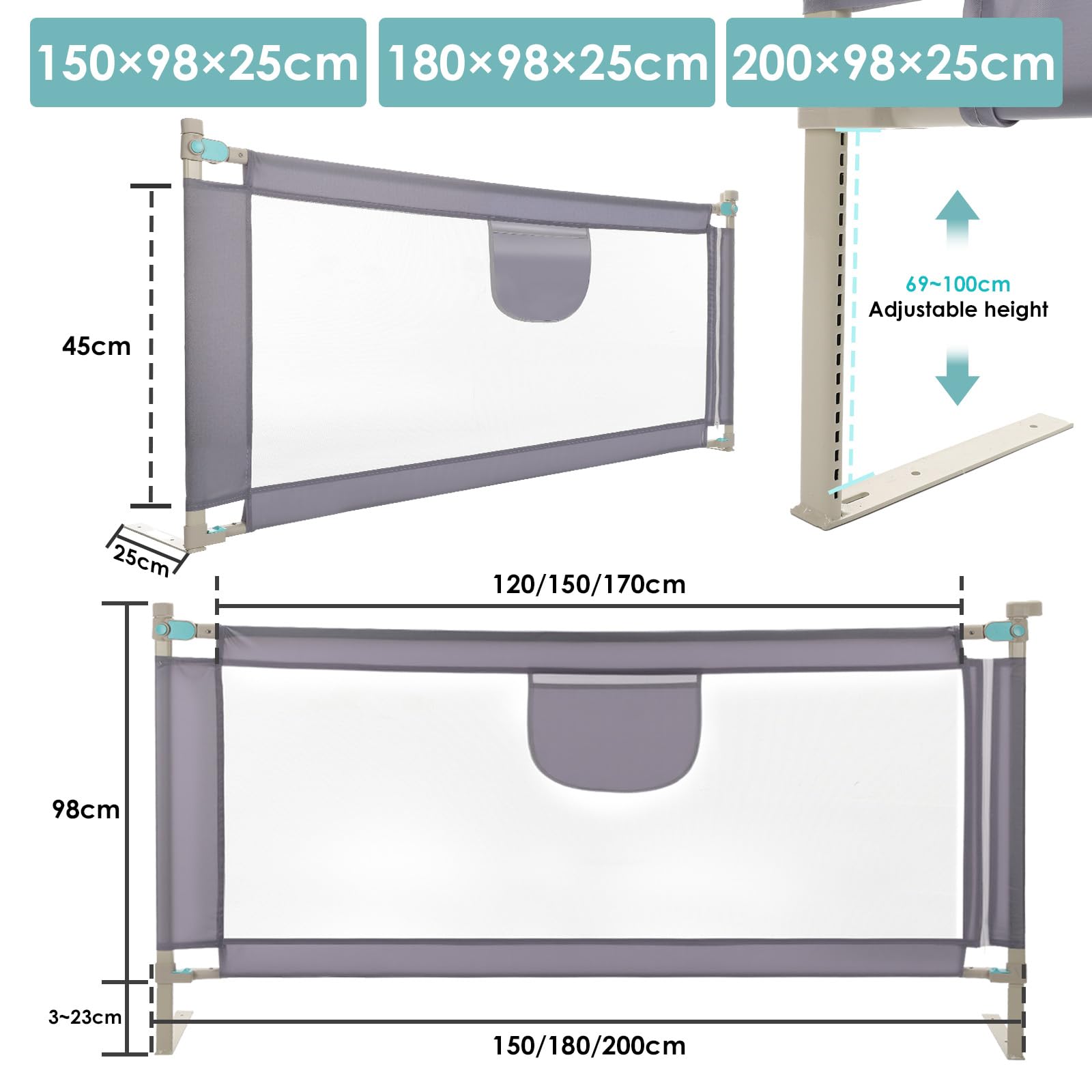 Barrera Seguridad Niños Cama, Barandilla Cama 150/180/200cm, Protección Anticaídas con Malla Transpirable, Barandilla Regulable en Altura 69-98 cm, Pasamanos con Bolsillo Lateral, Apto para Boxspring