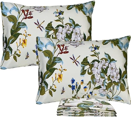 Miniatura 9 de FADFAY Sábanas florales Shabby tamaño King, 100% algodón, 600 hilos, flores blancas y hojas verdes, ropa de cama vintage con estampado botánico de